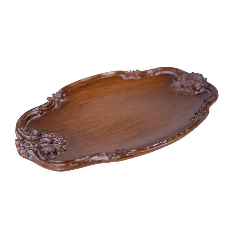 S-MANTIS Vintage Tray Small Antique Trinket Dish,Oval,Ring Holder with Twisted Flower Surrounding, Cosmetics Makeup Storage Organizer,Gift,Aesthetic Room Decor (Brown) - Image 2