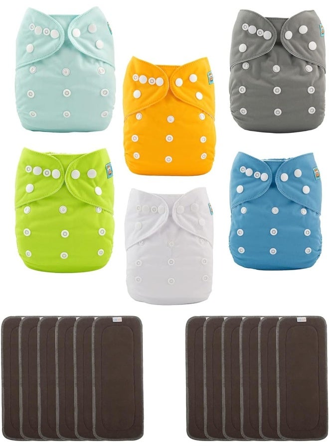 ALVABABY ALVABABY 6 Pack Baby Cloth Diapers with 12 pcs 5-Layer Charcoal Inserts/Adjustable Washable Reusable - Image 1