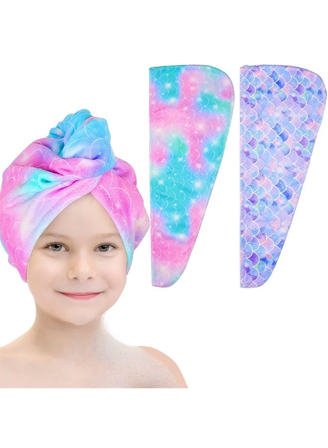Basumee Microfiber Hair Towel Wrap for Kids 2 Pack Rapid Drying Hair Towel with Button Hair Turbans for Wet Hair Wraps Head Towel Wrap for Women and Girls, Mermaid - Image 1