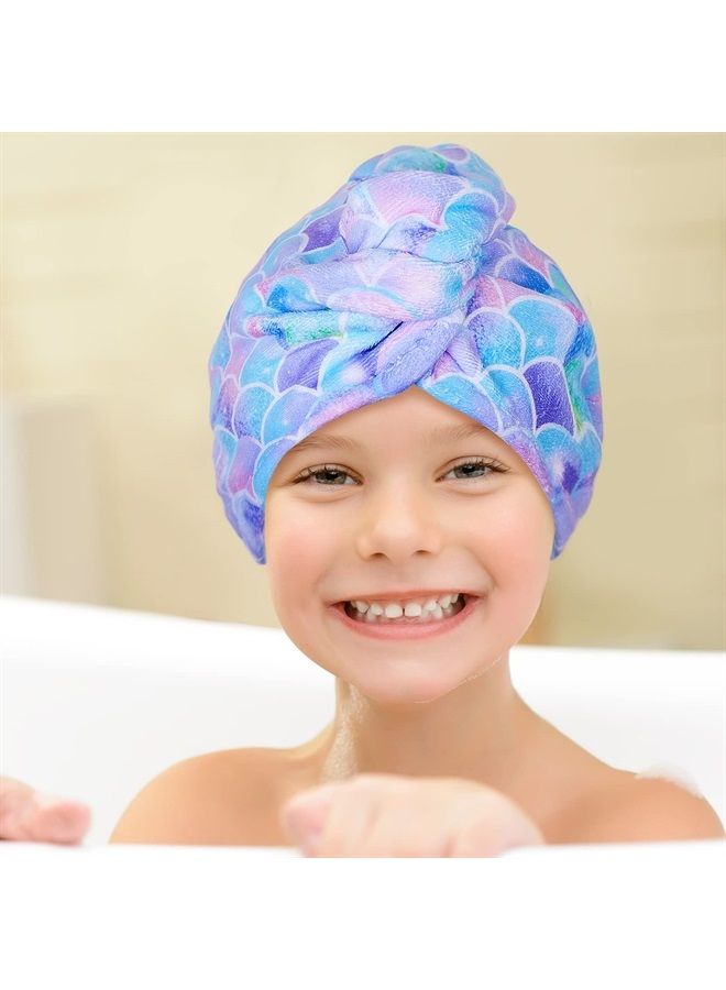 Basumee Microfiber Hair Towel Wrap for Kids 2 Pack Rapid Drying Hair Towel with Button Hair Turbans for Wet Hair Wraps Head Towel Wrap for Women and Girls, Mermaid - Image 3