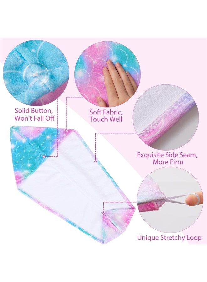 Basumee Microfiber Hair Towel Wrap for Kids 2 Pack Rapid Drying Hair Towel with Button Hair Turbans for Wet Hair Wraps Head Towel Wrap for Women and Girls, Mermaid - Image 4