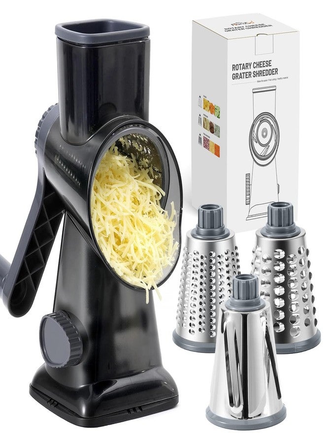 هانزغو مبشرة جبن دوارة يدوية من هانزجو، مبشرة ومفرمة ومطحنة، 3 شفرات معدنية كبيرة القطر وفرشاة تنظيف، قاعدة شفط مانعة للانزلاق، مقبض موفر للجهد، أدوات مطبخ للجبن والخضراوات والمكسرات - Image 1