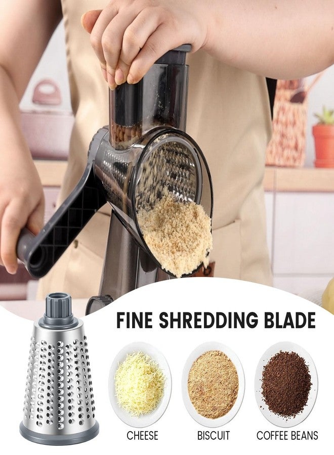 هانزغو مبشرة جبن دوارة يدوية من هانزجو، مبشرة ومفرمة ومطحنة، 3 شفرات معدنية كبيرة القطر وفرشاة تنظيف، قاعدة شفط مانعة للانزلاق، مقبض موفر للجهد، أدوات مطبخ للجبن والخضراوات والمكسرات - Image 2