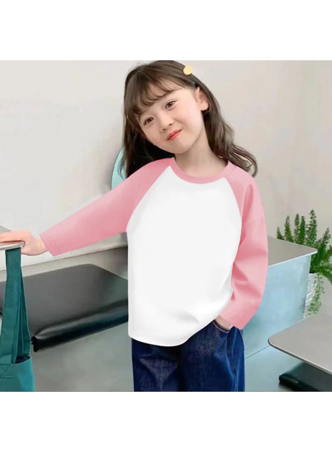 Girls' Slim-fit Base Shirt, New Spring And Autumn Style, Curved Hem, Pure Cotton, Long-sleeve, Versatile Color-blocking, Round Neck T-shirt For Older Children