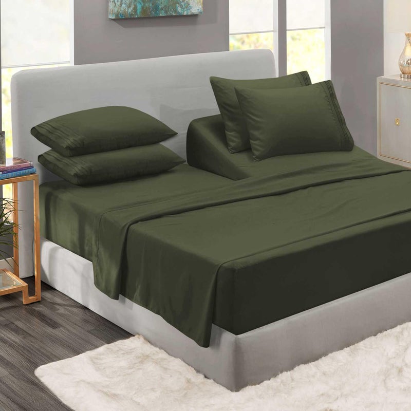 Clara Clark Flex Top King Sheets - Hotel Luxury 6 Piece Bed Sheets for Top Split King Bed - Soft Bedding Sheets & Pillowcases, Head Split King Size. Olive Green - Image 1