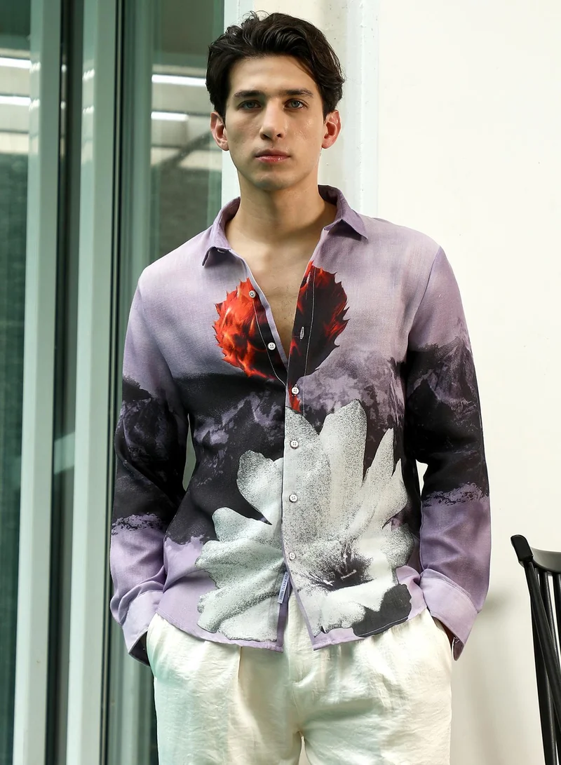 Campus Sutra Men's Purple Floral Printed Rayon Shirt With Spread Collar