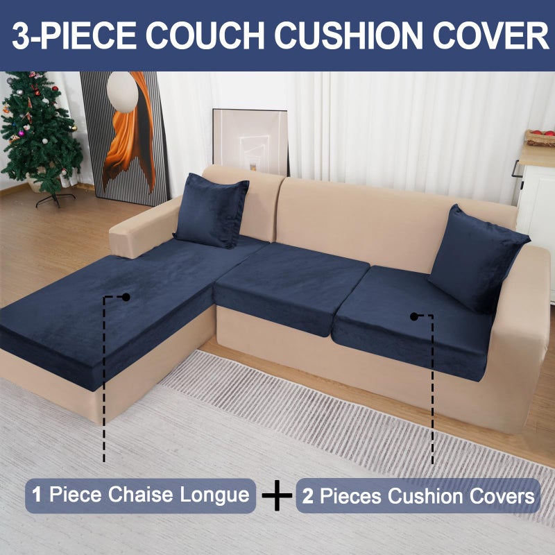 BT.WA Sectional Couch Covers for 3-Piece Seat Cushion Velvet Separate L Shape Couch Cover Stretch Sofa Slipcover with 2 Pieces Pillowcases Furniture Protector (Sofa 2 Seater + 1 Chaise, Navy) - Image 2