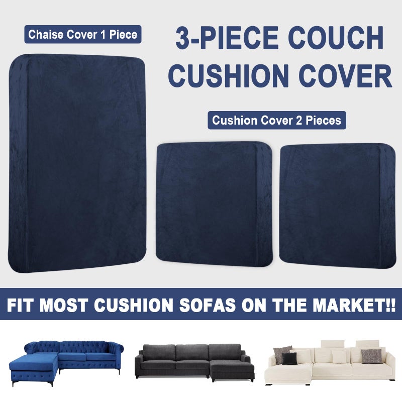 BT.WA Sectional Couch Covers for 3-Piece Seat Cushion Velvet Separate L Shape Couch Cover Stretch Sofa Slipcover with 2 Pieces Pillowcases Furniture Protector (Sofa 2 Seater + 1 Chaise, Navy) - Image 4