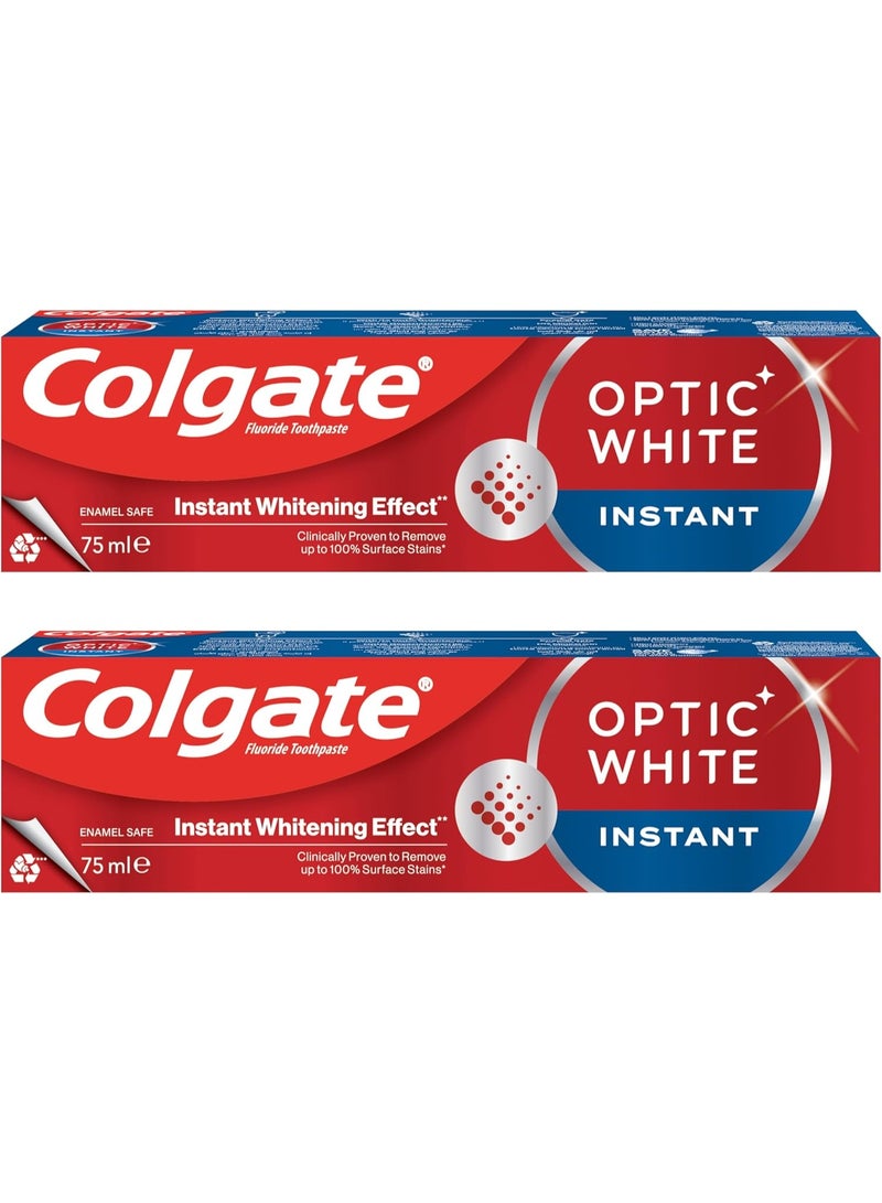 Colgate Optic White Instant Whitening Toothpaste - Fluoride Formula, Enamel Safe for Daily Use, 2x75ml, 2 Pack - Image 1