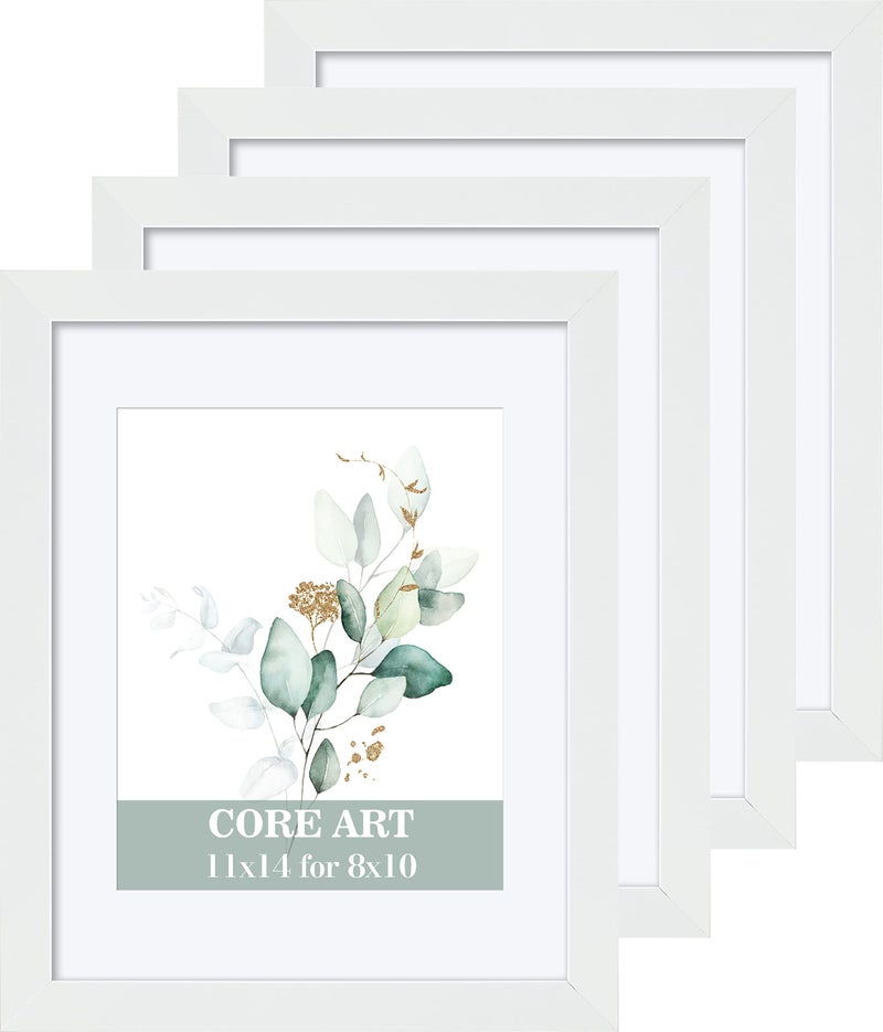 CORE ART 11x14 White Picture Frame Set of 4Display Pictures 8x10 with Mat or 11 x 14 without MatMulti Photo Frames Collage for Wall or Tabletop Display