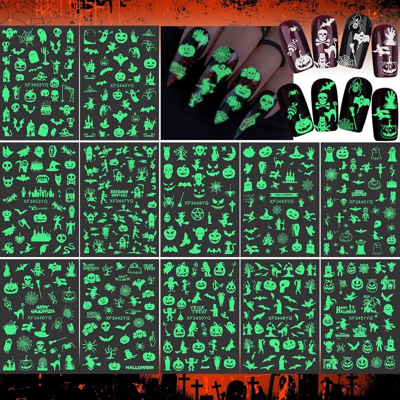 12 Sheets Halloween Nail Art Stickers Decals EBANKU Luminous Halloween Nail Decals SelfAdhesive Glow in Dark Nail Stickers Pumpkin Bat Ghost Designs DIY Nail Art Decoration for Women Girls