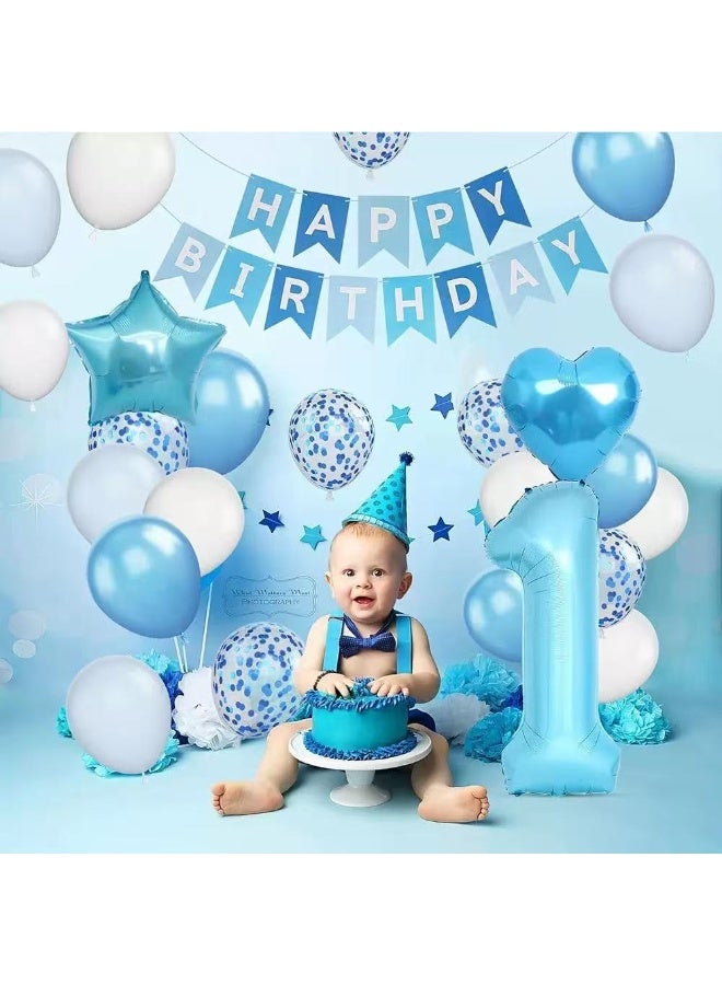 30Pcs 1st Birthday Party Decoration Set – Pastel Balloons, Happy Birthday Banner, Number 1 Foil Balloon, Star & Heart Foil Balloons, Butterfly Stickers for Baby Shower & Kids Birthday - Image 1