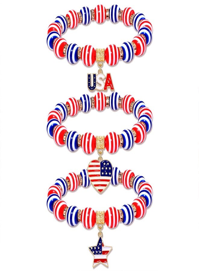 CEALXHENY 3PCS Patriotic Bracelets 4th of July Beaded Stretch Bracelets for Women Enamel American Flag Heart Star Charm Bracelets Independence Day Accessory Gifts - Image 1
