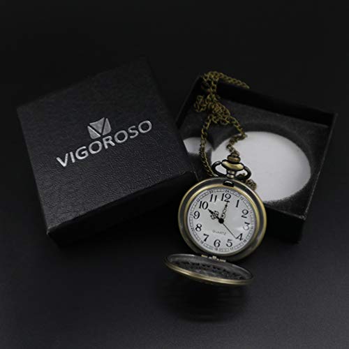VIGOROSO Mens Pocket Watch Black Butler Antique Hollow Quartz Bronze Steampunk in Box - Image 3