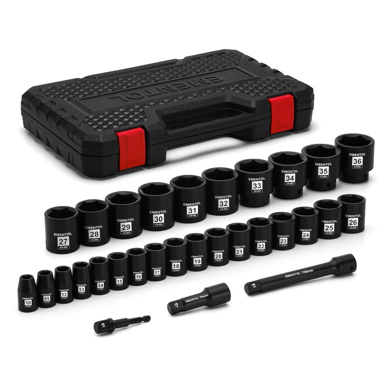 EMENTOL 30PCS 12 Drive Standard Impact Socket Set CRMO Metric 10mm 36mm Includes 3inch and 6inch Imapct Extension Bars 1412 Drill Adapter