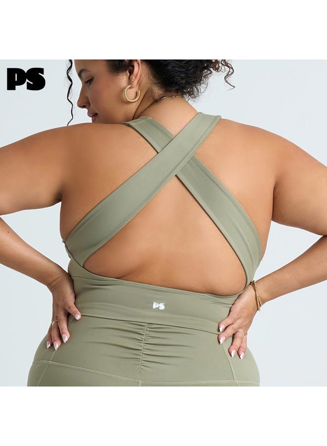 POPSUGAR PS Tank Workout Tops for Women Built in Bra Padded Removable Cups, Shirred Criss Cross Longline Sports Bra Yoga Top, Scout, L - Image 3