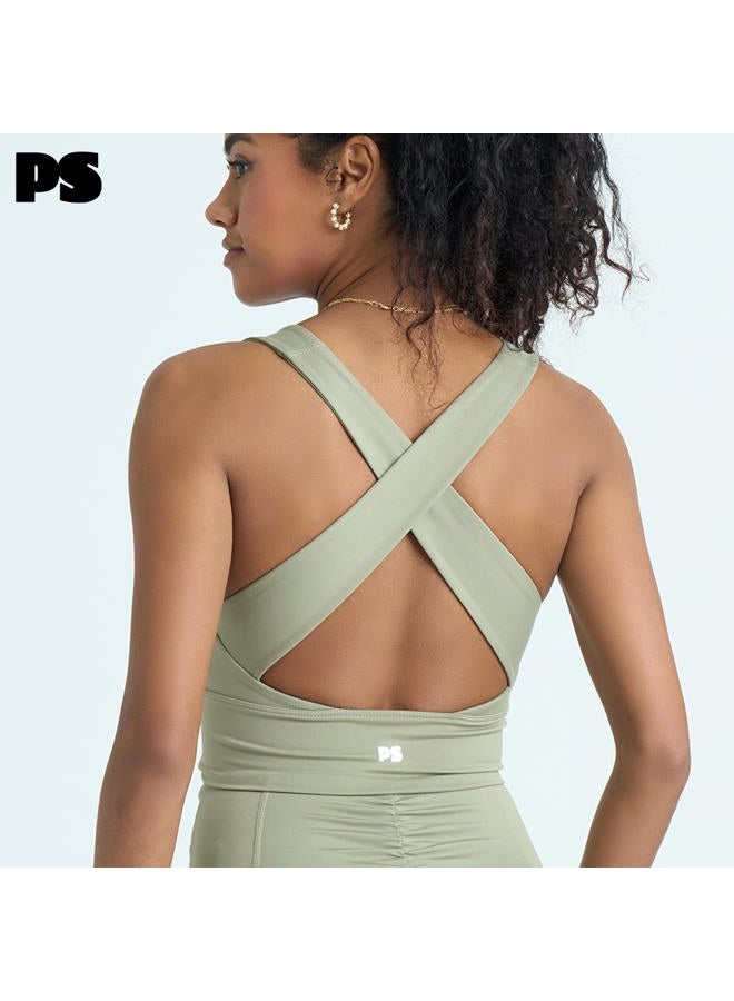 POPSUGAR PS Tank Workout Tops for Women Built in Bra Padded Removable Cups, Shirred Criss Cross Longline Sports Bra Yoga Top, Scout, L - Image 4