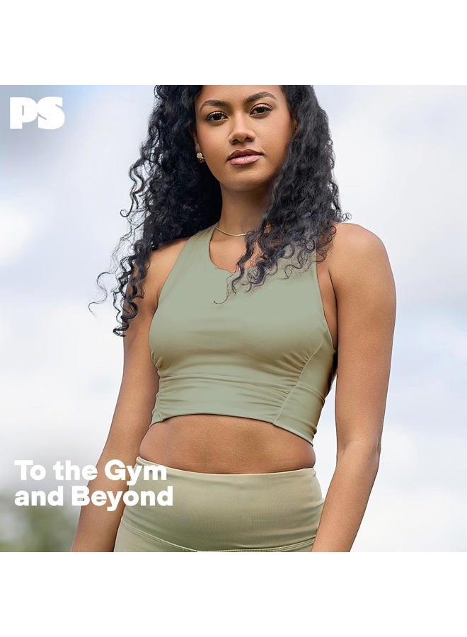 POPSUGAR PS Tank Workout Tops for Women Built in Bra Padded Removable Cups, Shirred Criss Cross Longline Sports Bra Yoga Top, Scout, L - Image 5