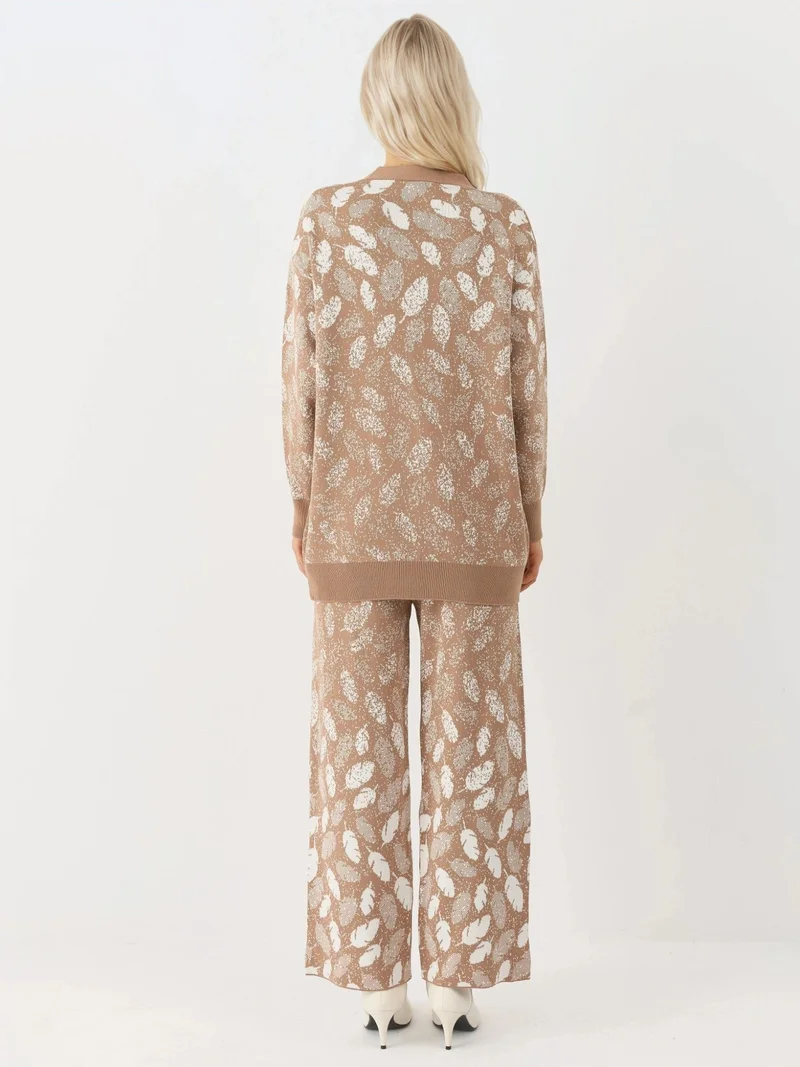 موضتي MY FASHION V-Neck Jacquard Knit Cardigan and Wide Leg Pants Set