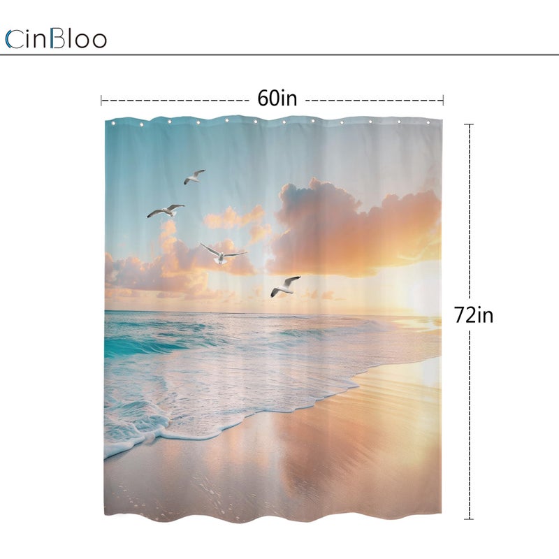 Cinbloo Beach Shower Curtain 60Wx72H Pink Blue Summer Ocean Coastal Sunset Sunrise Hawaii Tropical Bathroom Curtain Seaside Bird Nautical Bath Curtain Fabric Sea Scenery Bathroom Decor with 12 Hooks - Image 5