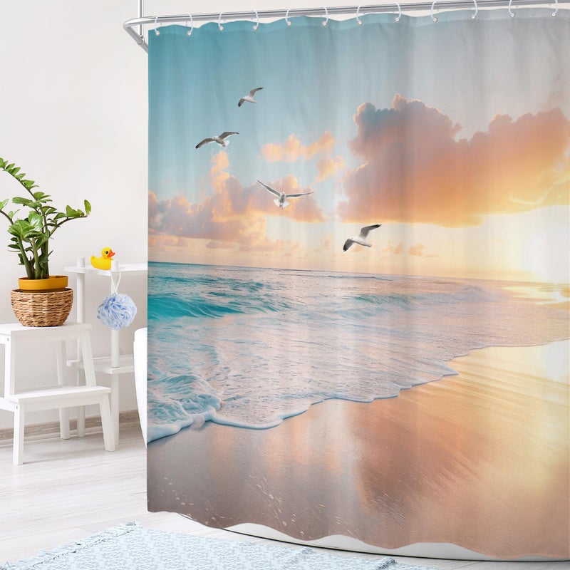 Cinbloo Beach Shower Curtain 60Wx72H Pink Blue Summer Ocean Coastal Sunset Sunrise Hawaii Tropical Bathroom Curtain Seaside Bird Nautical Bath Curtain Fabric Sea Scenery Bathroom Decor with 12 Hooks - Image 3