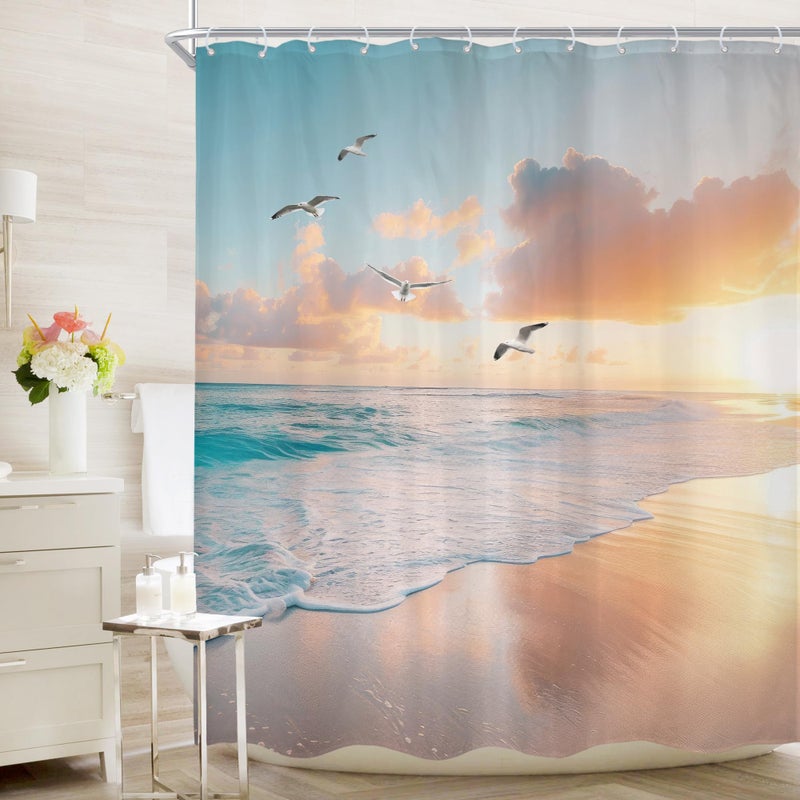 Cinbloo Beach Shower Curtain 60Wx72H Pink Blue Summer Ocean Coastal Sunset Sunrise Hawaii Tropical Bathroom Curtain Seaside Bird Nautical Bath Curtain Fabric Sea Scenery Bathroom Decor with 12 Hooks - Image 1