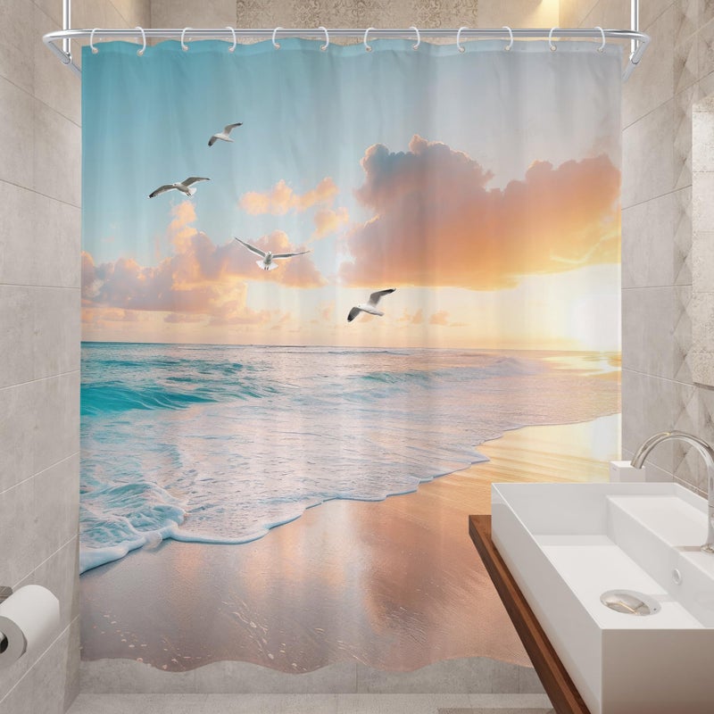 Cinbloo Beach Shower Curtain 60Wx72H Pink Blue Summer Ocean Coastal Sunset Sunrise Hawaii Tropical Bathroom Curtain Seaside Bird Nautical Bath Curtain Fabric Sea Scenery Bathroom Decor with 12 Hooks - Image 4