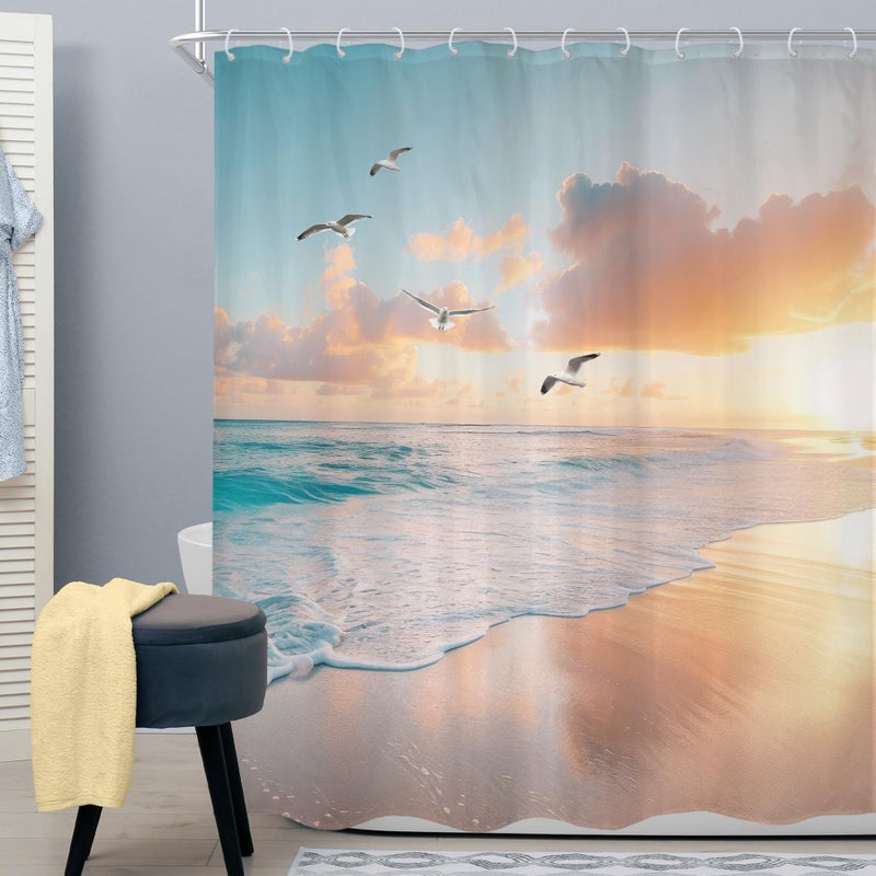 Cinbloo Beach Shower Curtain 60Wx72H Pink Blue Summer Ocean Coastal Sunset Sunrise Hawaii Tropical Bathroom Curtain Seaside Bird Nautical Bath Curtain Fabric Sea Scenery Bathroom Decor with 12 Hooks - Image 2