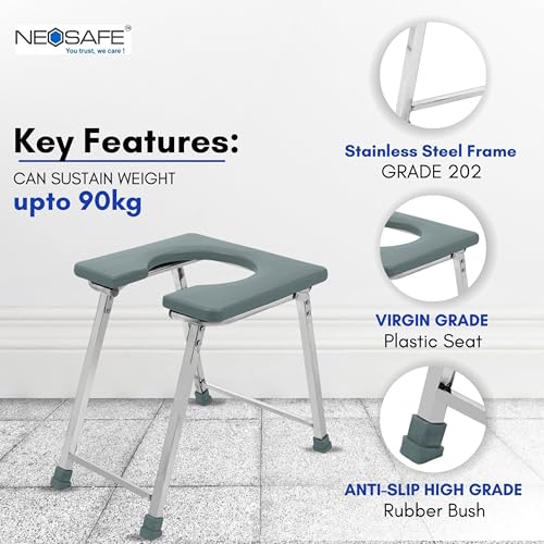 NEOSAFE Foldable 202-Grade Stainless Steel Commode Chair, Portable Toilet Stool with Anti-Slip Rubber Feet, 100 kg Weight Capacity, Stable & Easy-Clean Bathroom Aid for Elderly, Disabled & Patients - Image 5