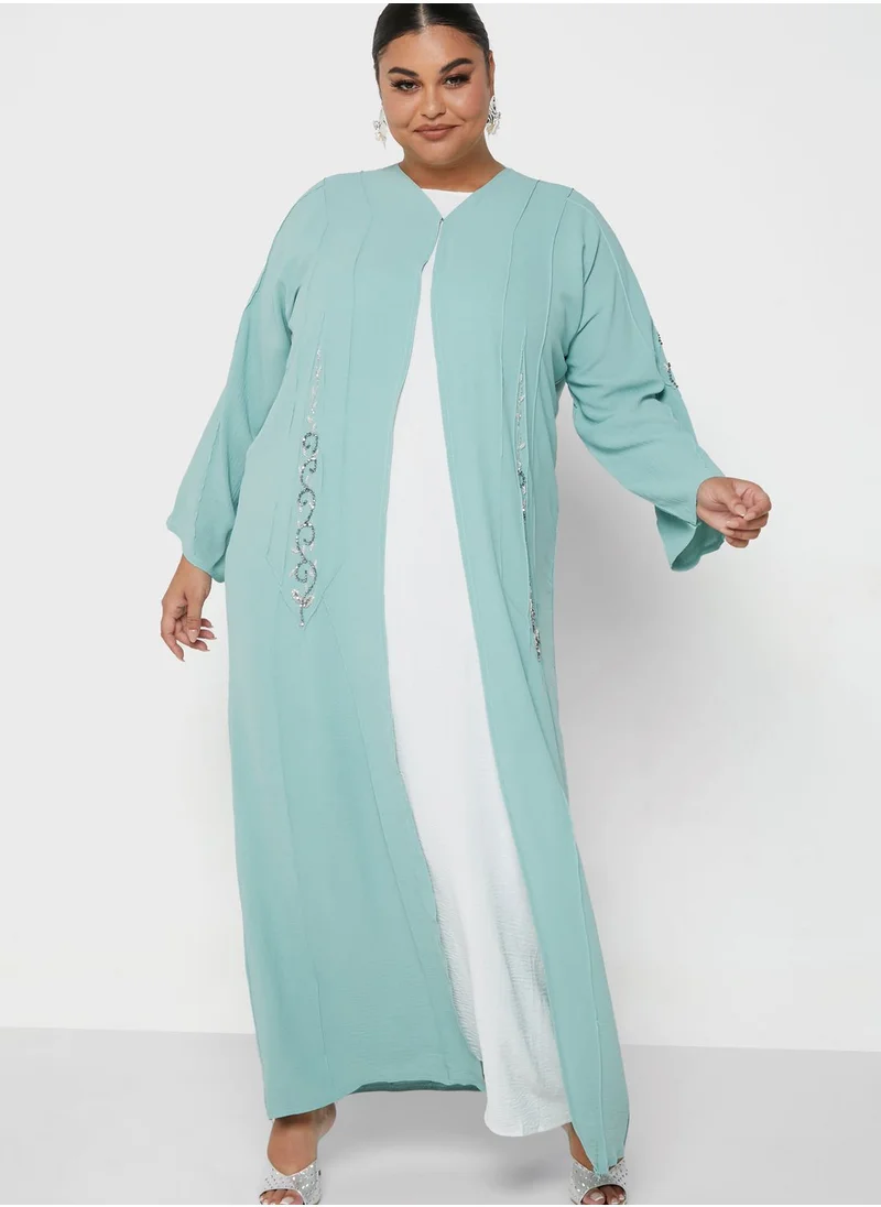 Hayas Closet Curve Embellished Stone Detail Abaya