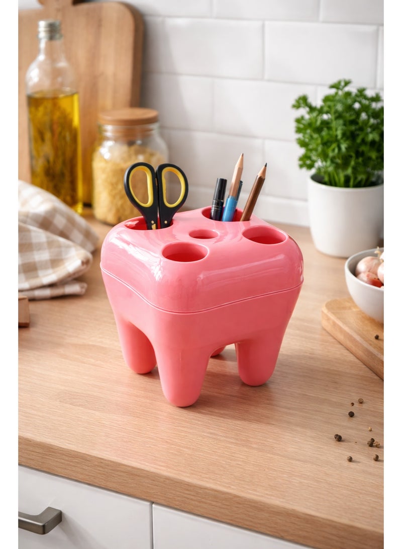 حامل ومنظم أقلام وفرش أسنان بلاستيك بتصميم مبتكر على شكل ضرس للمكتب والحمام - وردي (بينك) - Image 3
