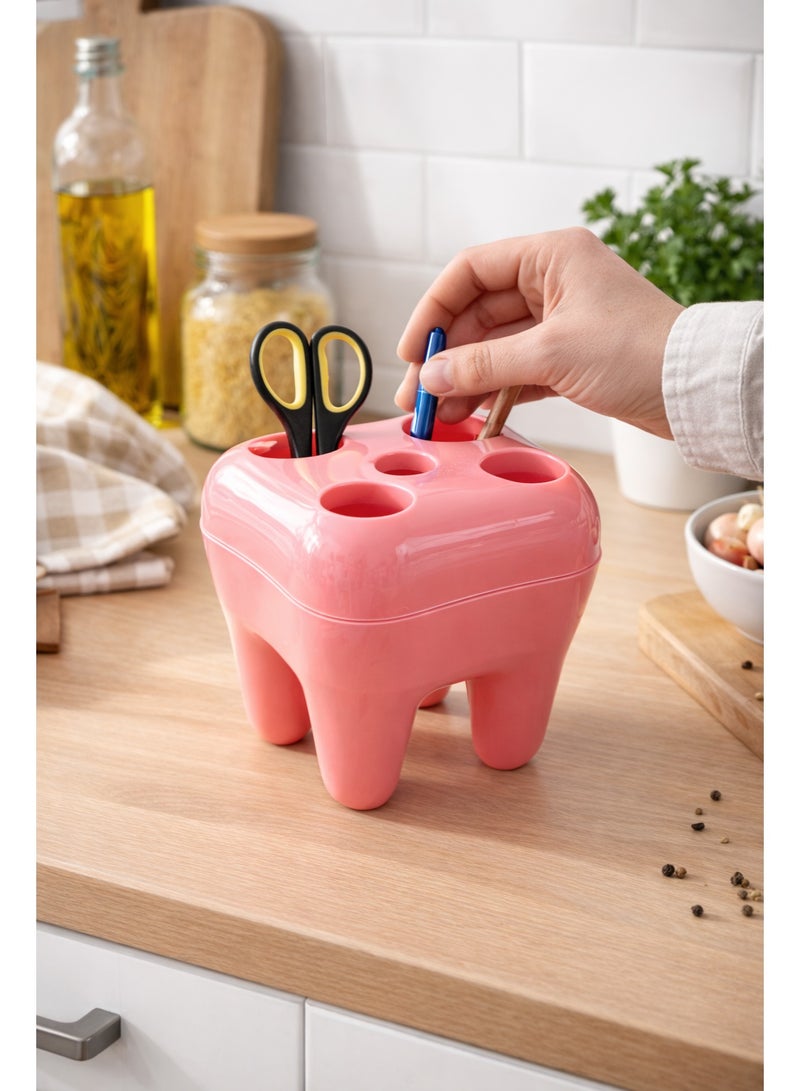 حامل ومنظم أقلام وفرش أسنان بلاستيك بتصميم مبتكر على شكل ضرس للمكتب والحمام - وردي (بينك) - Image 2