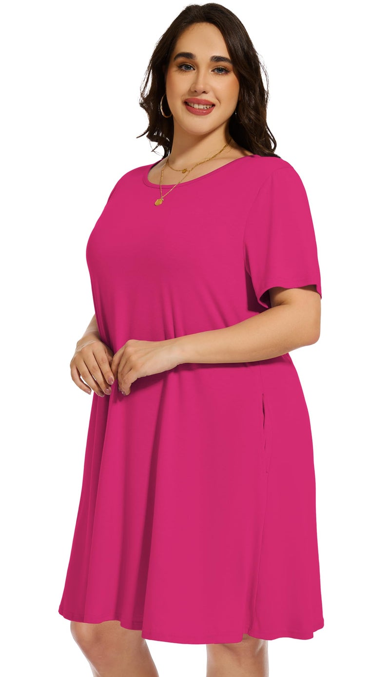 elescat Plus Size Summer Dresses for Women Casual Short Sleeve Pockets Loose Oversized T Shirt Sundress (Rose Red, 3XL) - Image 3