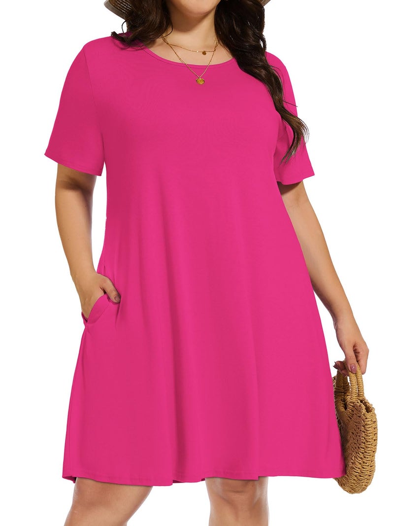 elescat Plus Size Summer Dresses for Women Casual Short Sleeve Pockets Loose Oversized T Shirt Sundress (Rose Red, 3XL) - Image 1