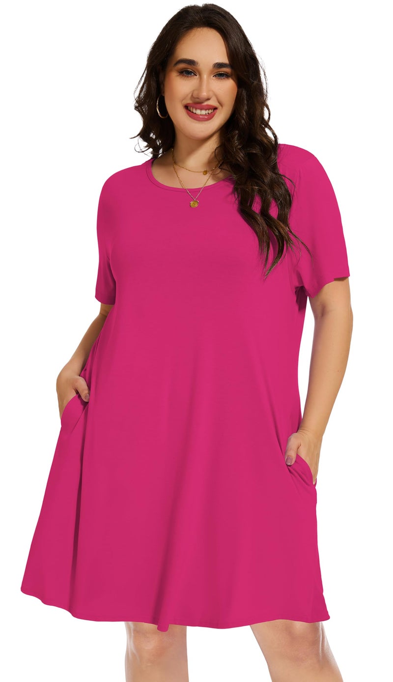 elescat Plus Size Summer Dresses for Women Casual Short Sleeve Pockets Loose Oversized T Shirt Sundress (Rose Red, 3XL) - Image 2