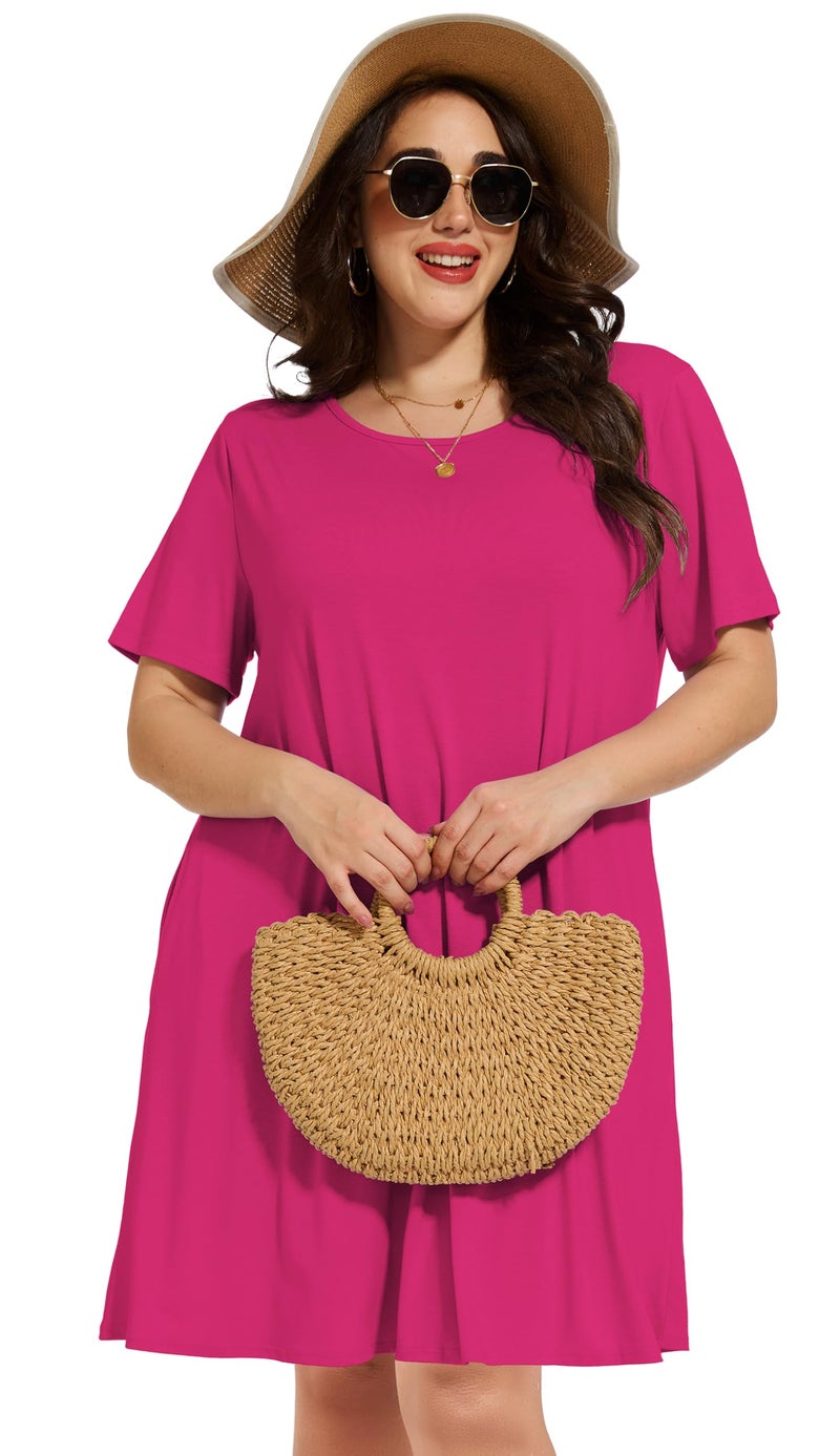 elescat Plus Size Summer Dresses for Women Casual Short Sleeve Pockets Loose Oversized T Shirt Sundress (Rose Red, 3XL) - Image 4