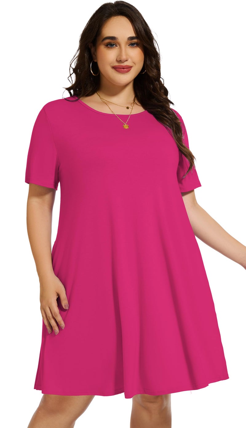 elescat Plus Size Summer Dresses for Women Casual Short Sleeve Pockets Loose Oversized T Shirt Sundress (Rose Red, 3XL) - Image 5