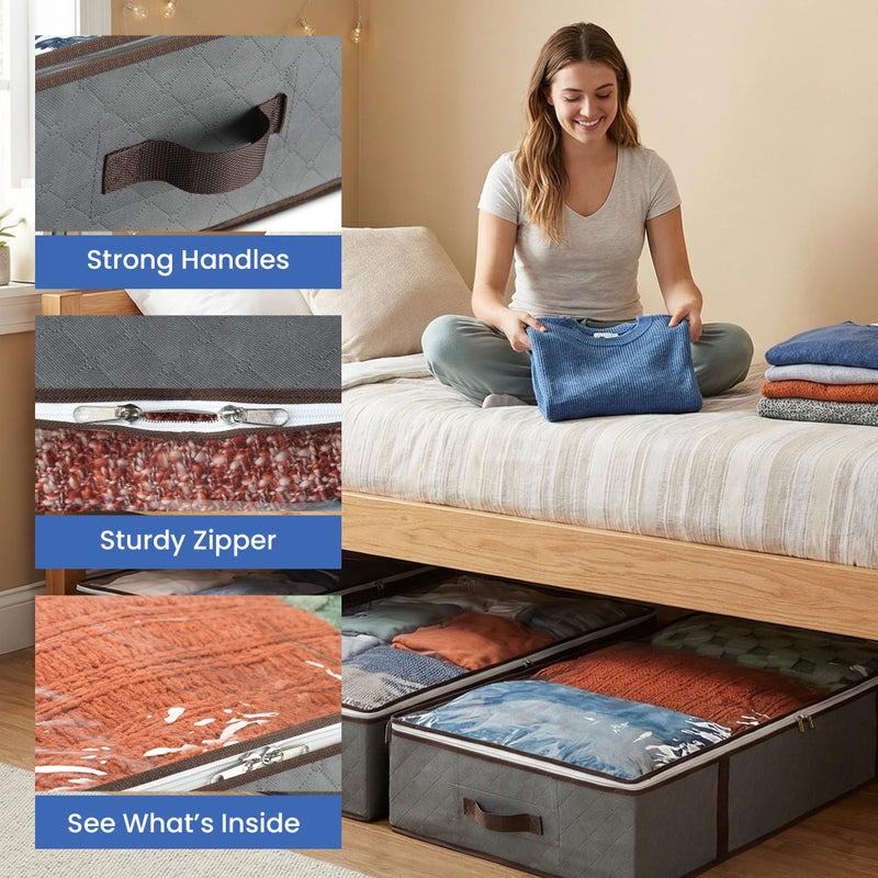Masirs Underbed Storage Bags 4-Pack - Foldable Under Bed Storage Organizer for Clothes, Bedroom Blankets, Comforter, Pillows, Linen Sheets, Towels, Sweaters, Shoe Drawers - Ideal for College Dorms (Grey) - Image 4