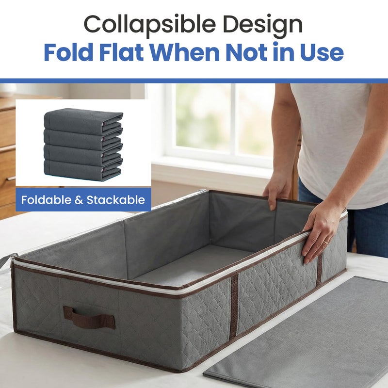 Masirs Underbed Storage Bags 4-Pack - Foldable Under Bed Storage Organizer for Clothes, Bedroom Blankets, Comforter, Pillows, Linen Sheets, Towels, Sweaters, Shoe Drawers - Ideal for College Dorms (Grey) - Image 3