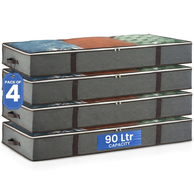 Masirs Underbed Storage Bags 4-Pack - Foldable Under Bed Storage Organizer for Clothes, Bedroom Blankets, Comforter, Pillows, Linen Sheets, Towels, Sweaters, Shoe Drawers - Ideal for College Dorms (Grey) - Image 1