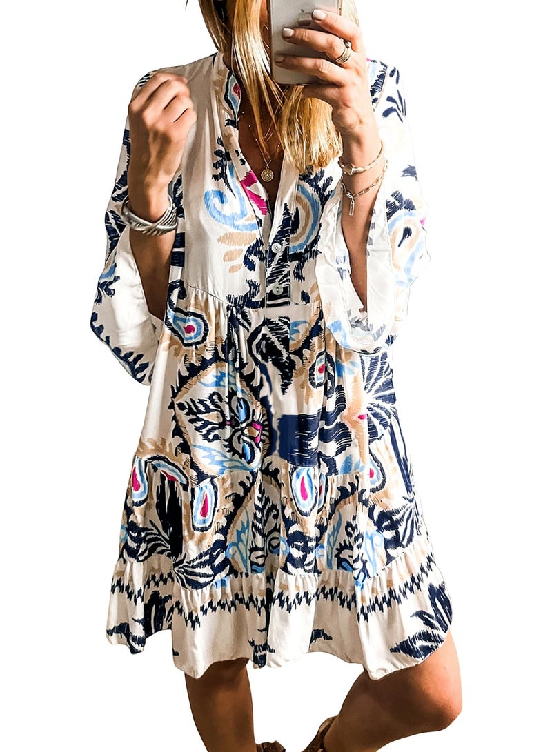 miduo Womens Sun Dress 2026 Summer Spring Fashion V Neck 3/4 Sleeve Button Printed Boho Mini Tunic Short Dresses Navy S - Image 1
