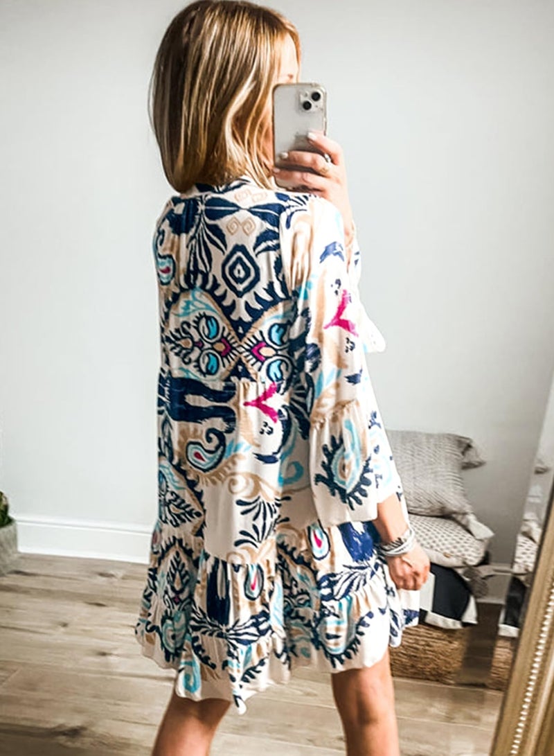 miduo Womens Sun Dress 2026 Summer Spring Fashion V Neck 3/4 Sleeve Button Printed Boho Mini Tunic Short Dresses Navy S - Image 3