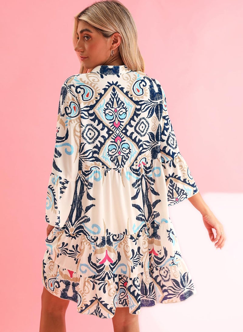 miduo Womens Sun Dress 2026 Summer Spring Fashion V Neck 3/4 Sleeve Button Printed Boho Mini Tunic Short Dresses Navy S - Image 5
