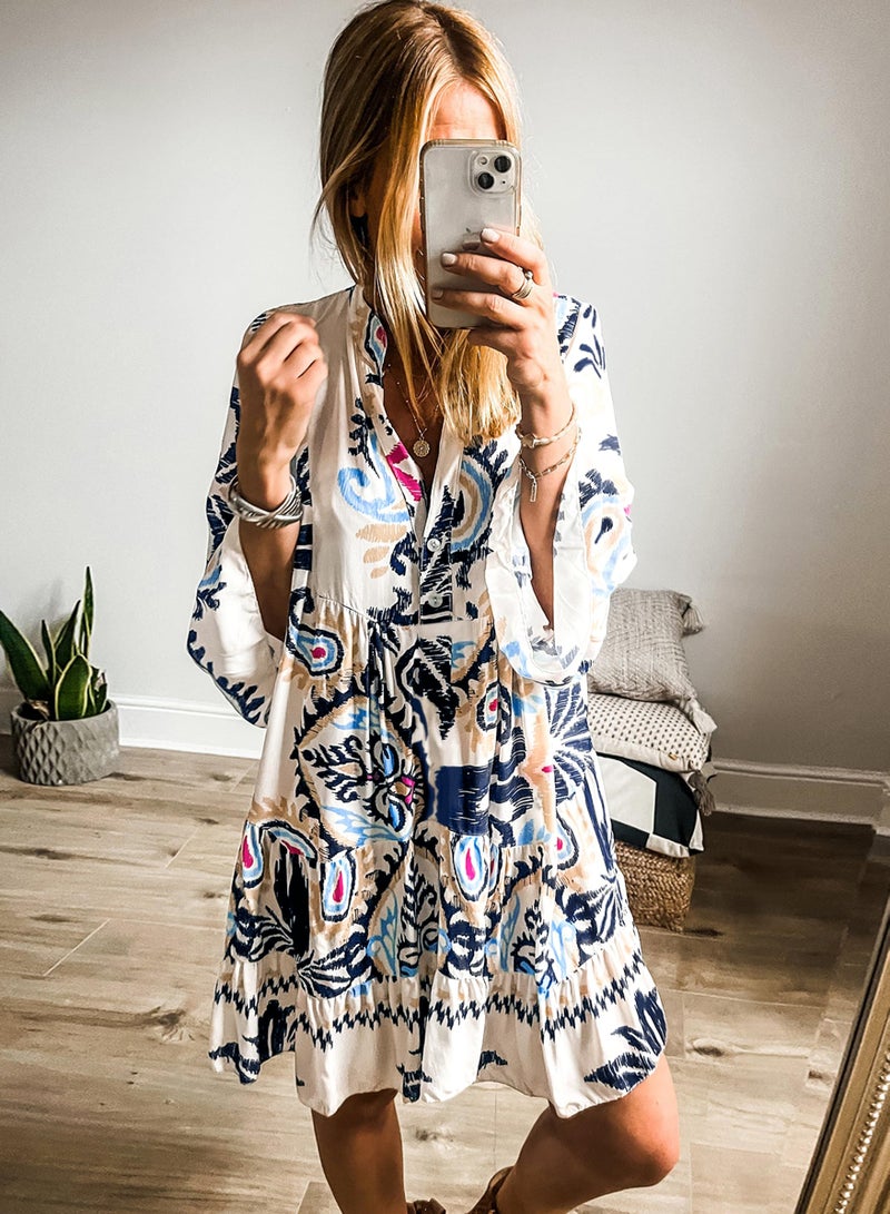 miduo Womens Sun Dress 2026 Summer Spring Fashion V Neck 3/4 Sleeve Button Printed Boho Mini Tunic Short Dresses Navy S - Image 2