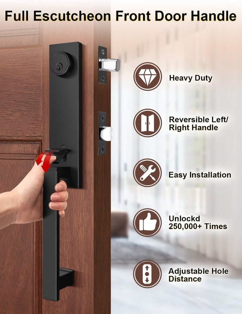 Tinewa Full Escutcheon HandleSet Front Door Entry Handle and Deadbolt Lock Set Slim Square Single Cylinder Deadbolt and Lever Heavy Duty – Matte Black Finish - Image 4