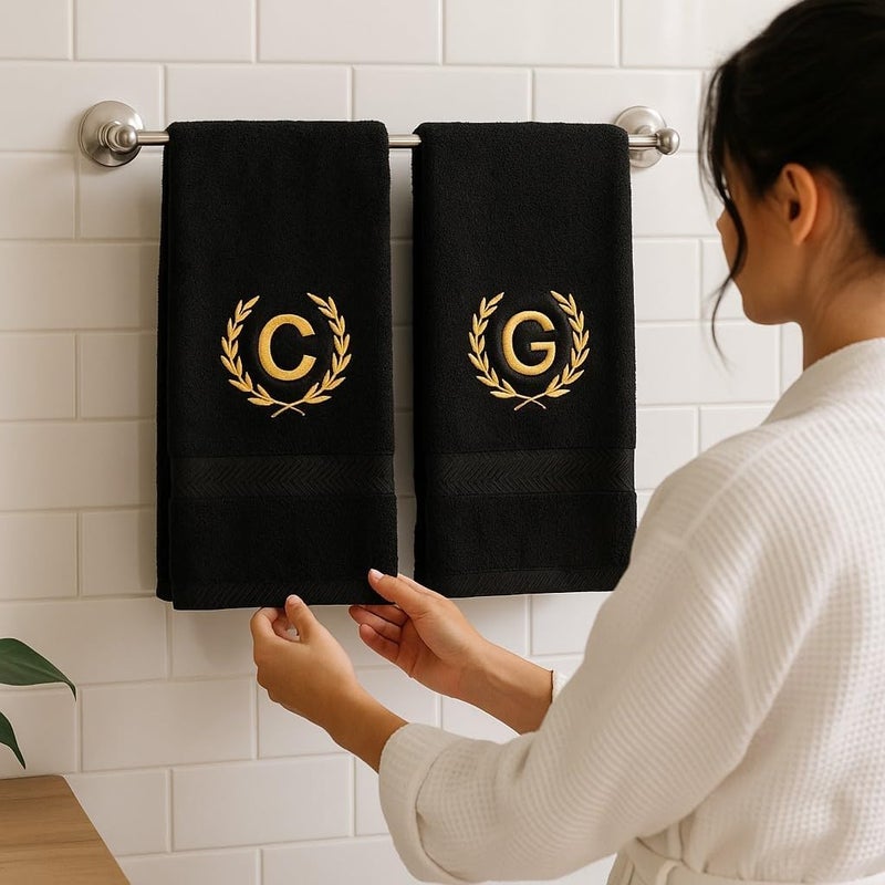 byLora Personalized Embroidered 2-Piece Terry Cotton Hand Towel Set – Custom Monogram Bathroom Towels, Ultra-Soft & Absorbent, Ideal for Housewarming, Wedding & Spa Gifts - Black - Image 3