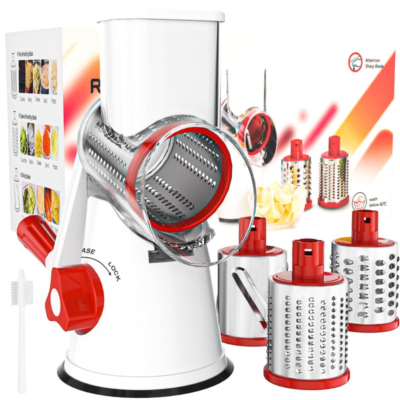 Cambom Rotary Cheese Grater Hand Crank Cheese Shredder for Fresh Cheese Vegetable NutsNonslip Suction Base Free Cleaning Brush Three BladesRed White