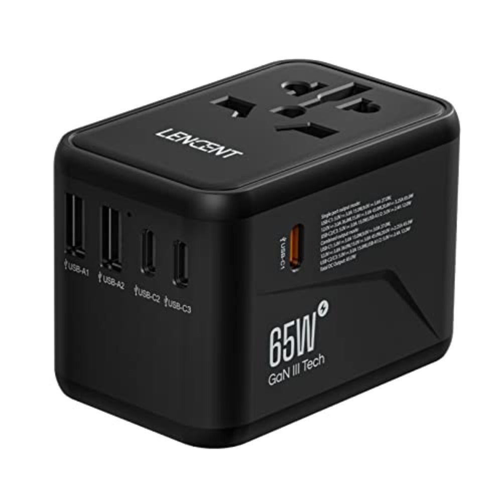 Universal Travel Adapter with GaN III Charger for USA/UK/EU/AUS: Compact, Black, Fast-Charging Multi-Port Compatible