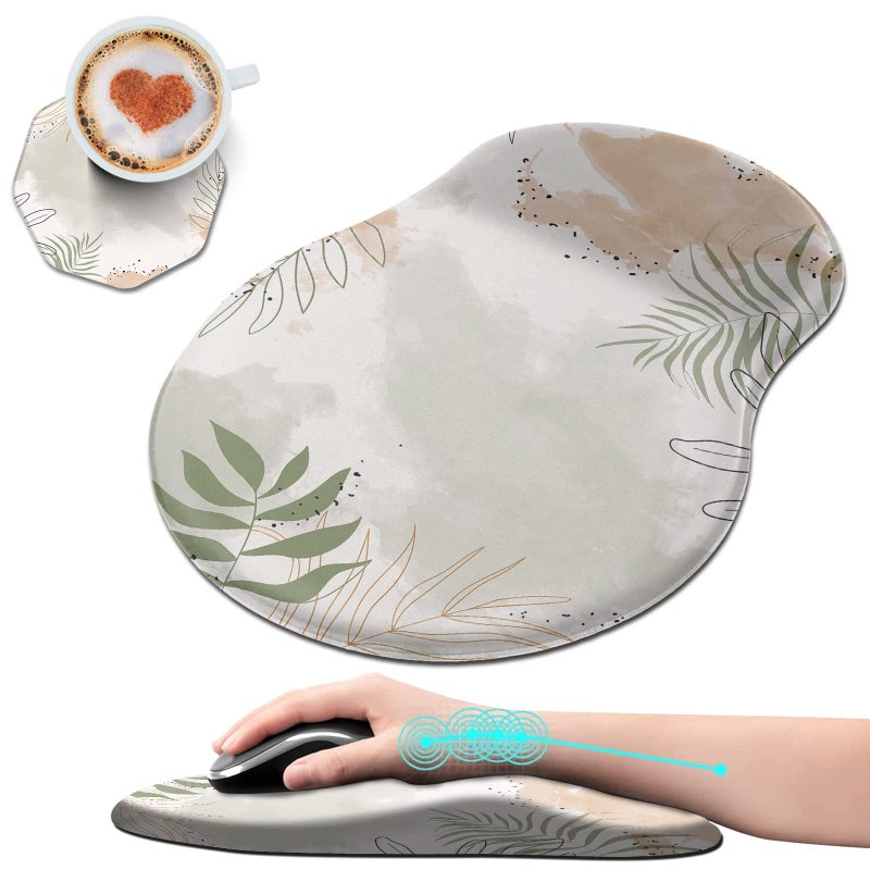 Mxfdegf Ergonomic Mouse Pad with Wrist Rest Support + Cup Coasters,Thick Mousepad Relief Carpal Tunnel Pain, Mouse Pad with Non-Slip PU Base, Computer Mouse Pads for Wireless Mouse,Matcha Green Plant Abstract - Image 4