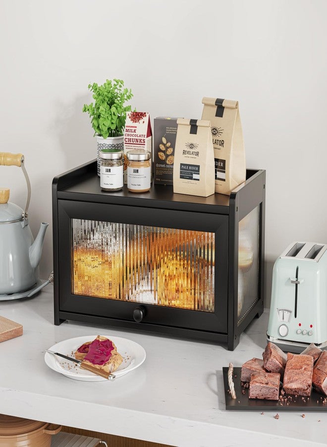 BAMBANG Bamboo Bread Box for Kitchen Counter, Large Capacity Bread Storage Container Farmhouse Bread Box with 3 Sides Wavy & Back Clear Window, Breadbox Bread Bin Holder for Homemade Bread, Black - Image 3